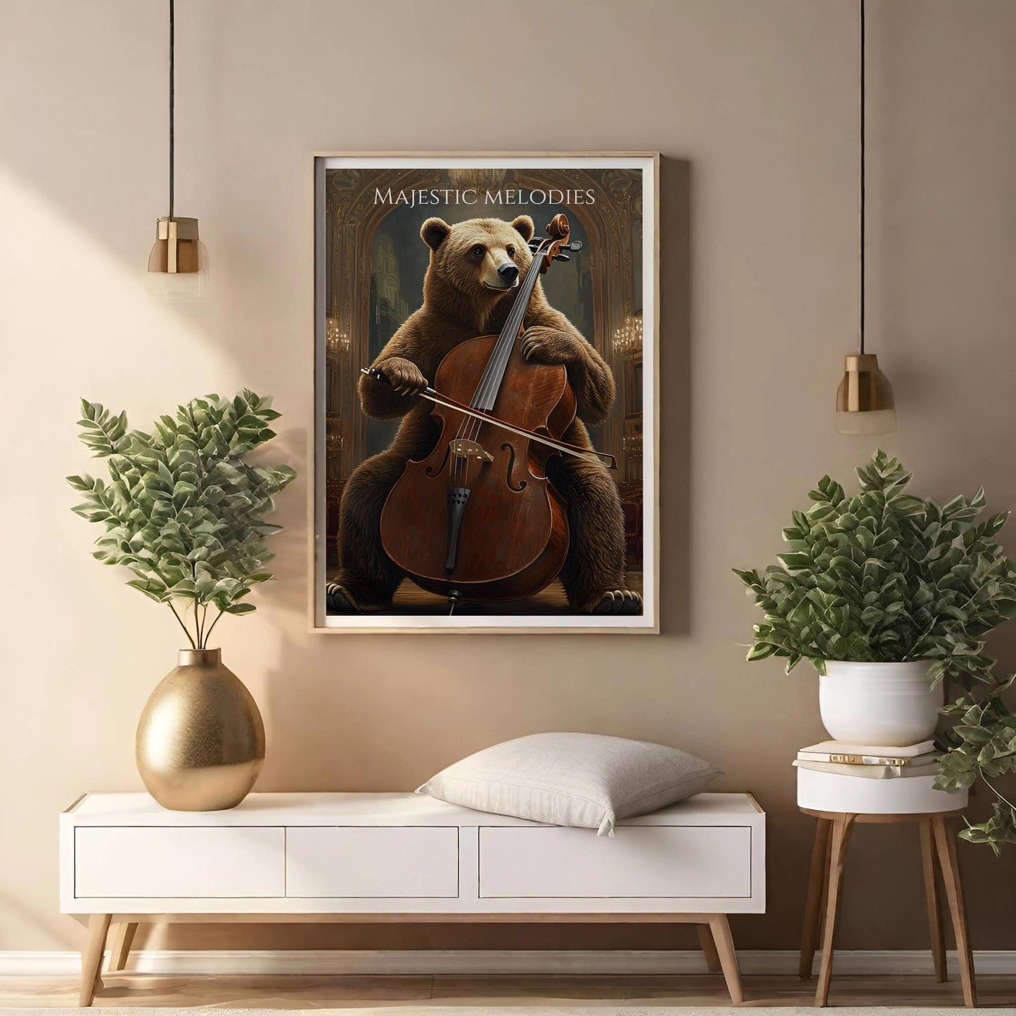 Ayı Çello Posteri | Komik Hayvan Duvar Sanatı | Klasik Müzik Temalı Yazdırılabilir Poster