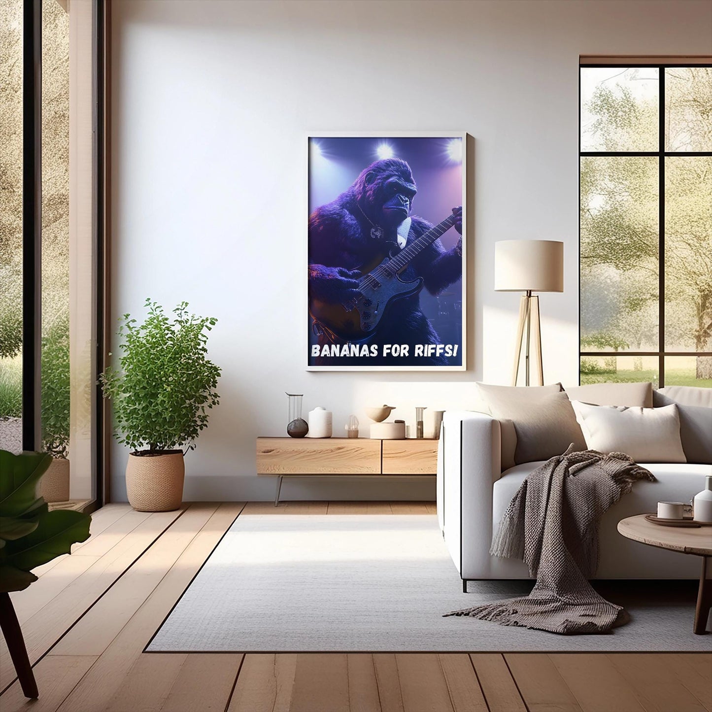 Gitar çalan goril illüstrasyonu – müzik temalı dijital poster, eğlenceli duvar dekorasyonu