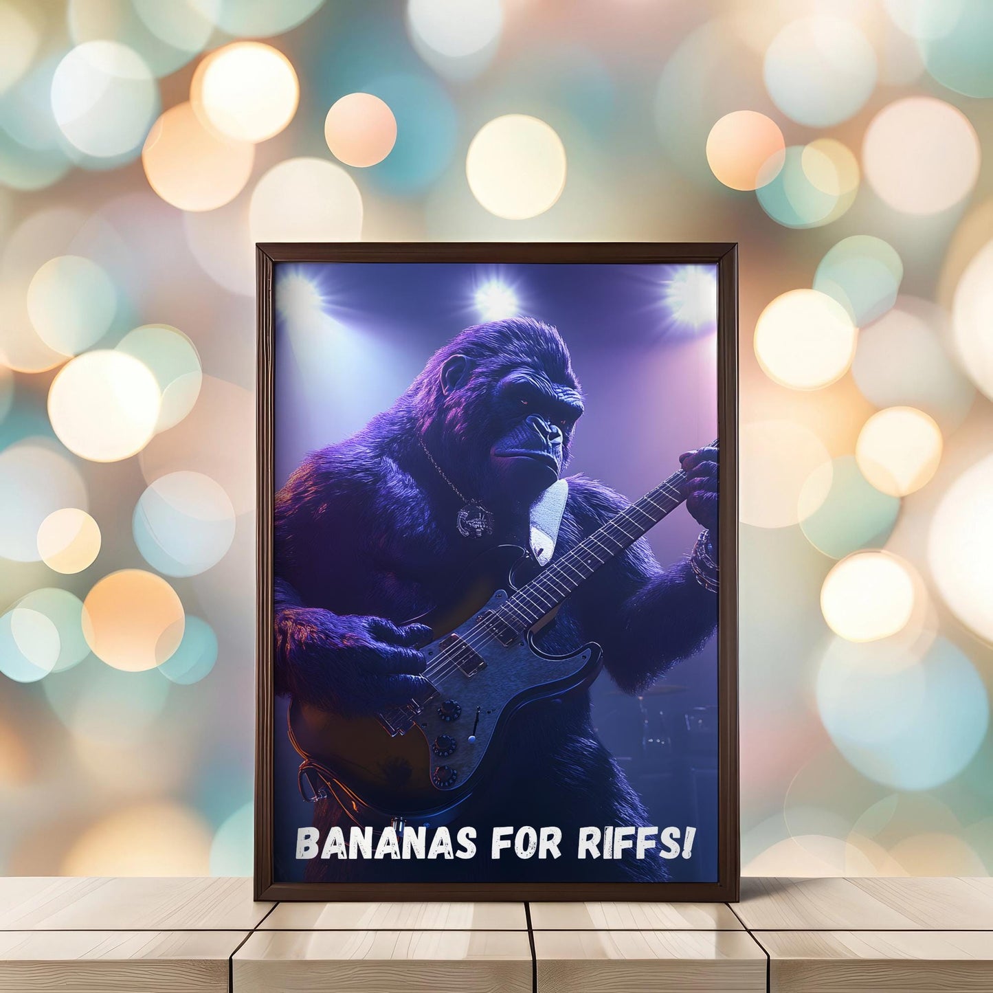 Gitar çalan goril illüstrasyonu – müzik temalı dijital poster, eğlenceli duvar dekorasyonu