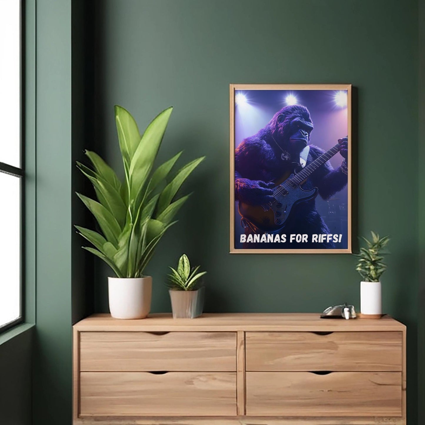 Gitar çalan goril illüstrasyonu – müzik temalı dijital poster, eğlenceli duvar dekorasyonu