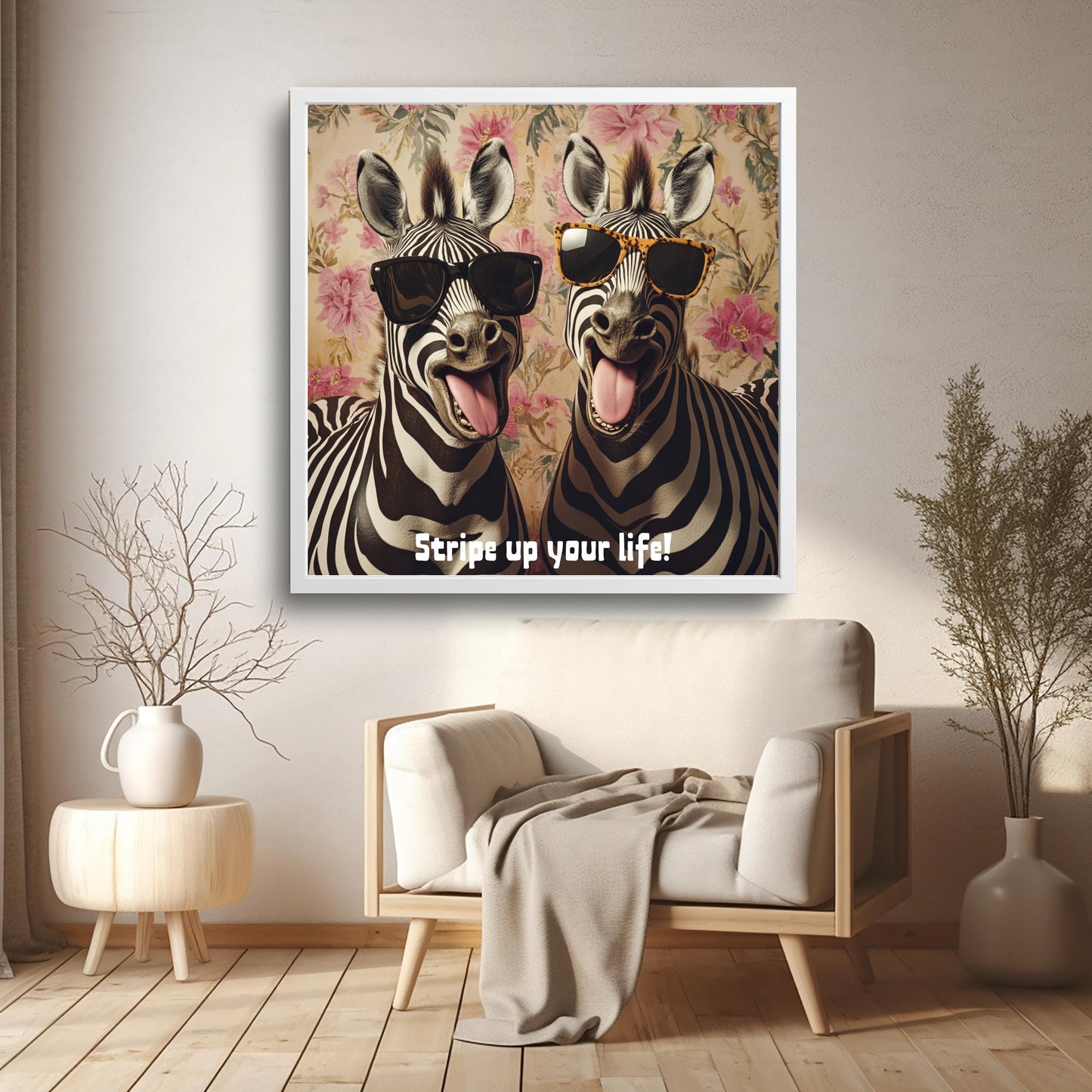 Salon duvarında zebra posteri – indirilebilir dekoratif dijital sanat