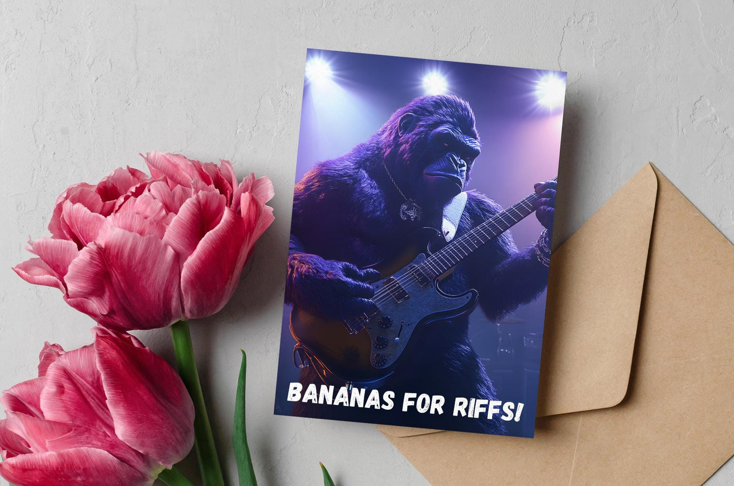 Gitar çalan goril illüstrasyonu – müzik temalı dijital poster, eğlenceli duvar dekorasyonu
