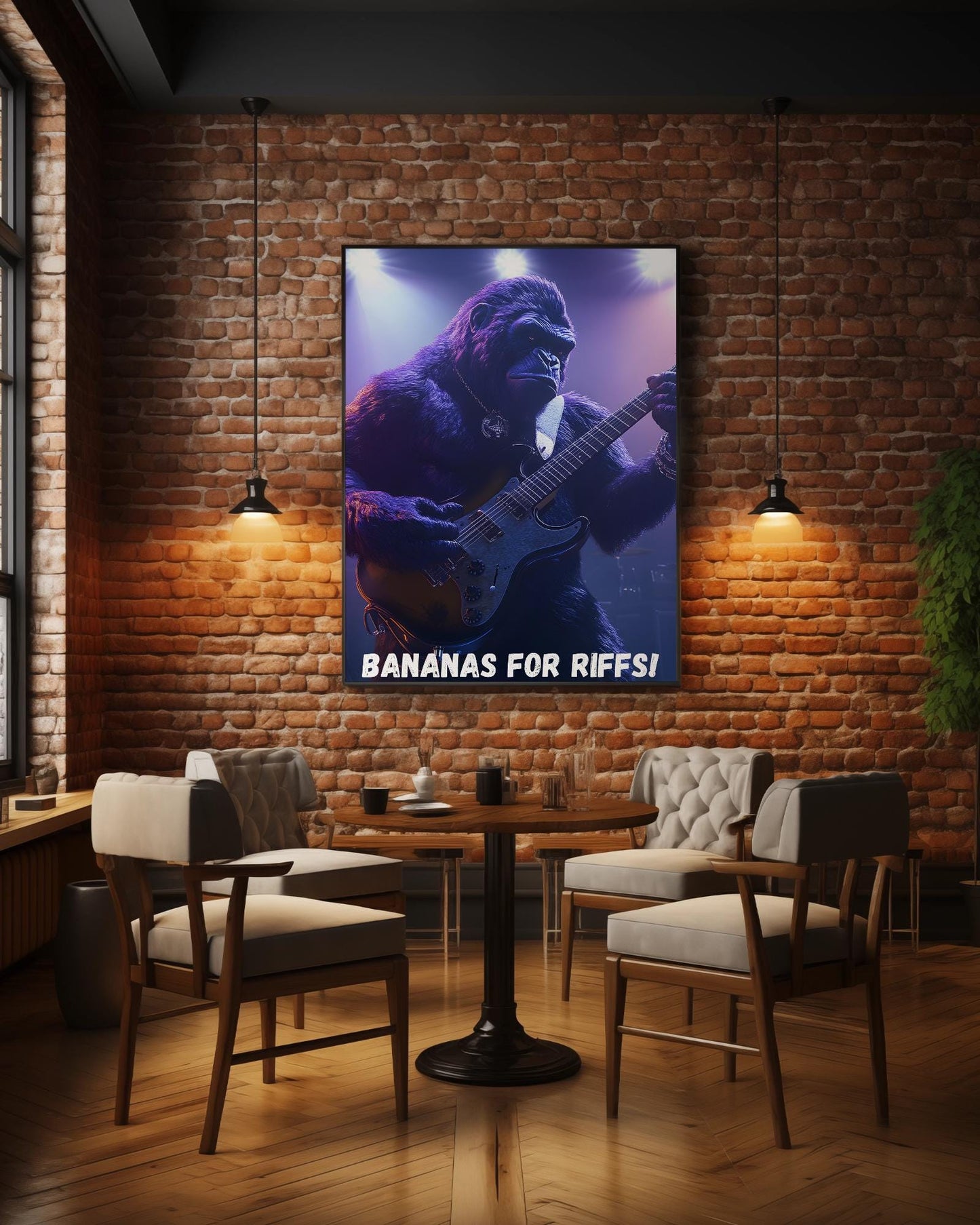 Gitar çalan goril illüstrasyonu – müzik temalı dijital poster, eğlenceli duvar dekorasyonu