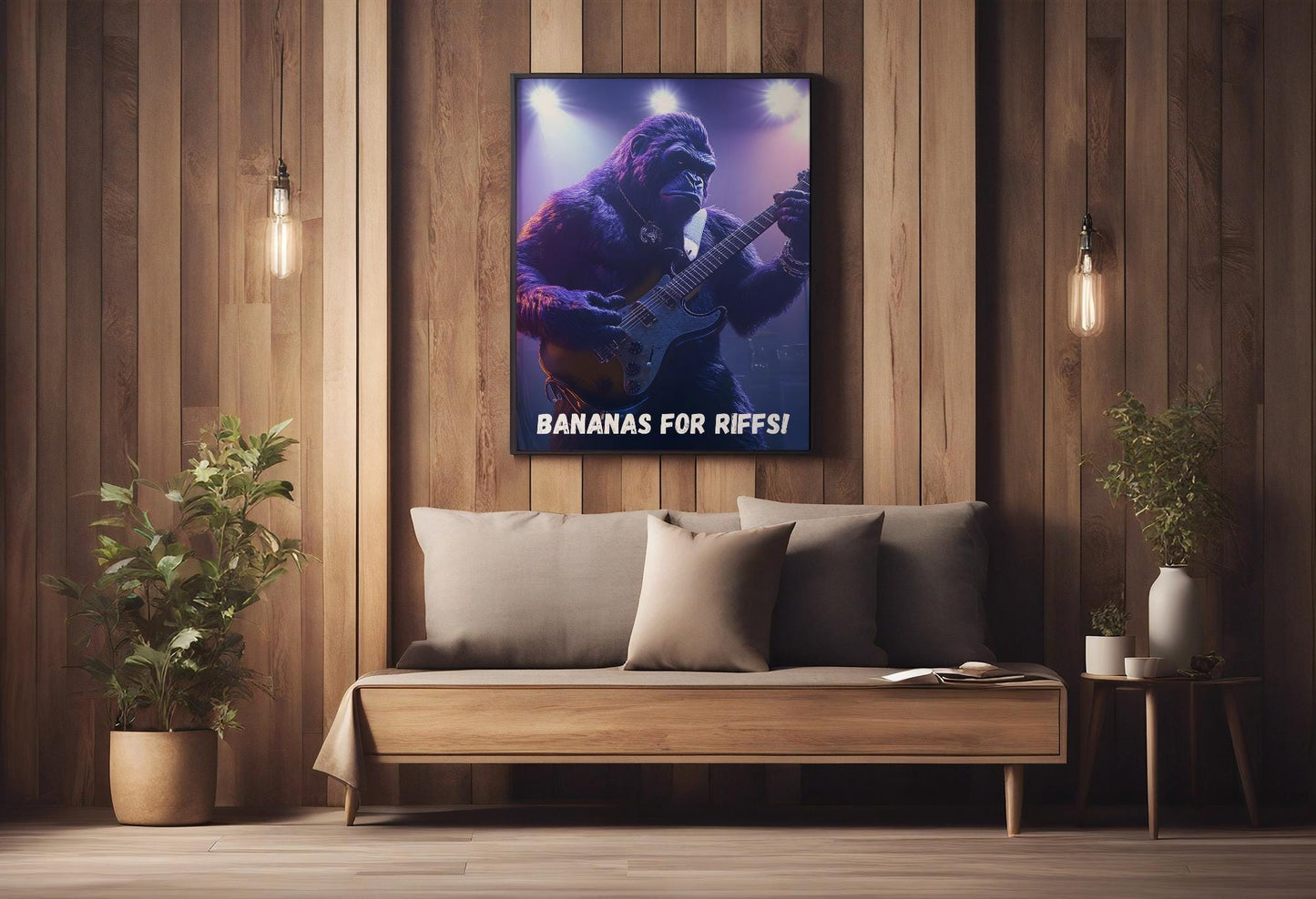 Gitar çalan goril illüstrasyonu – müzik temalı dijital poster, eğlenceli duvar dekorasyonu