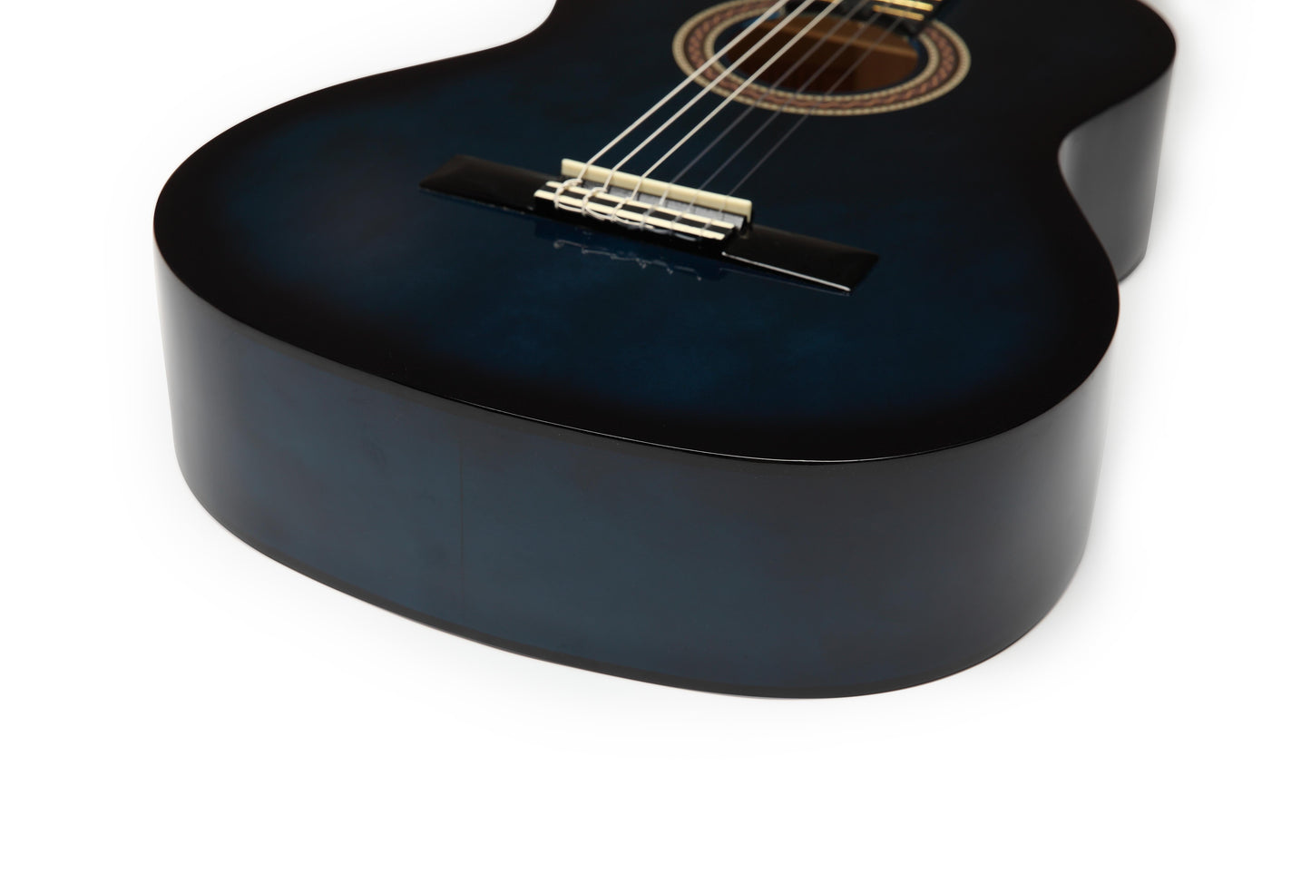 Sehpa üzerinde çelik saplı mavi gitar – modern tasarım