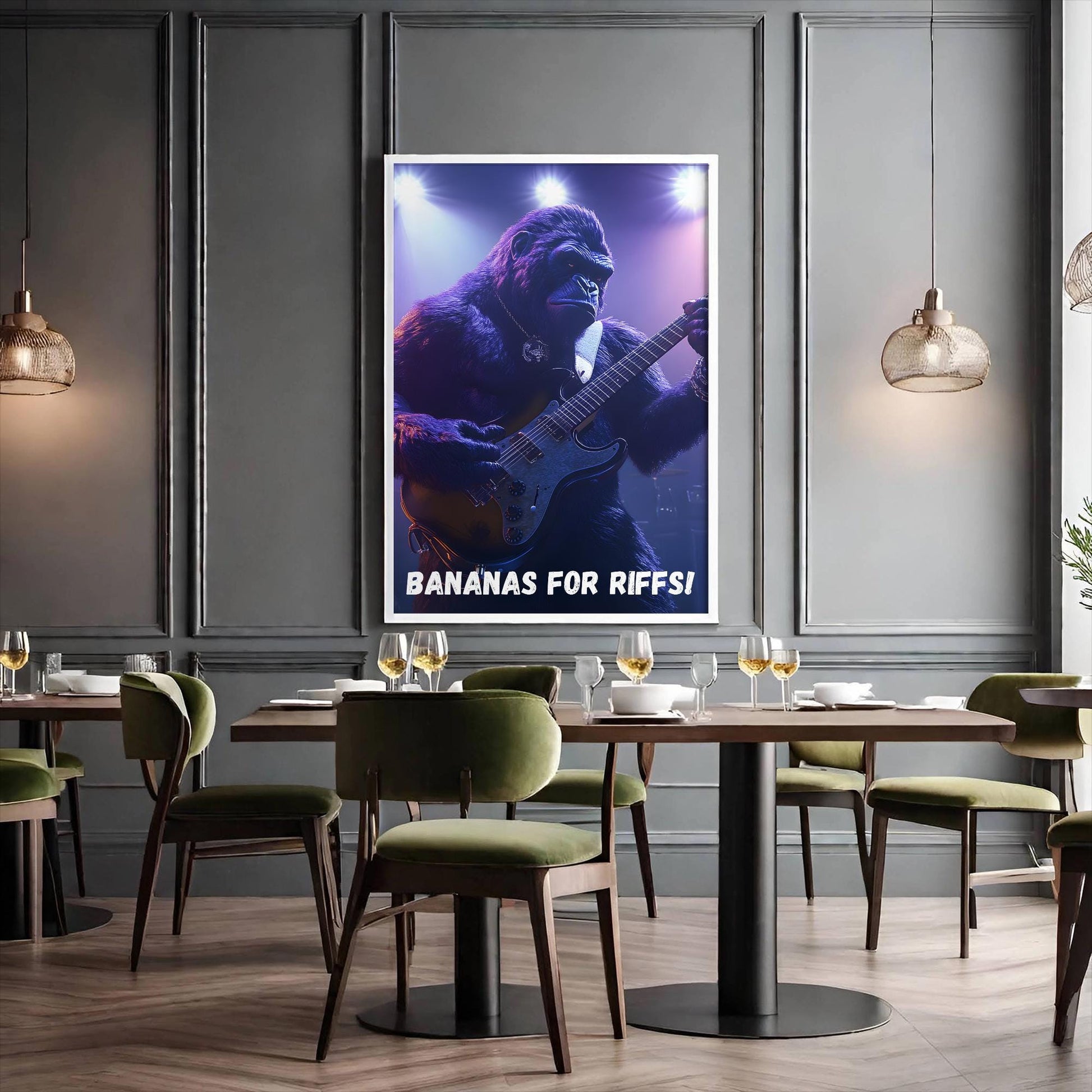 Gitar çalan goril illüstrasyonu – müzik temalı dijital poster, eğlenceli duvar dekorasyonu