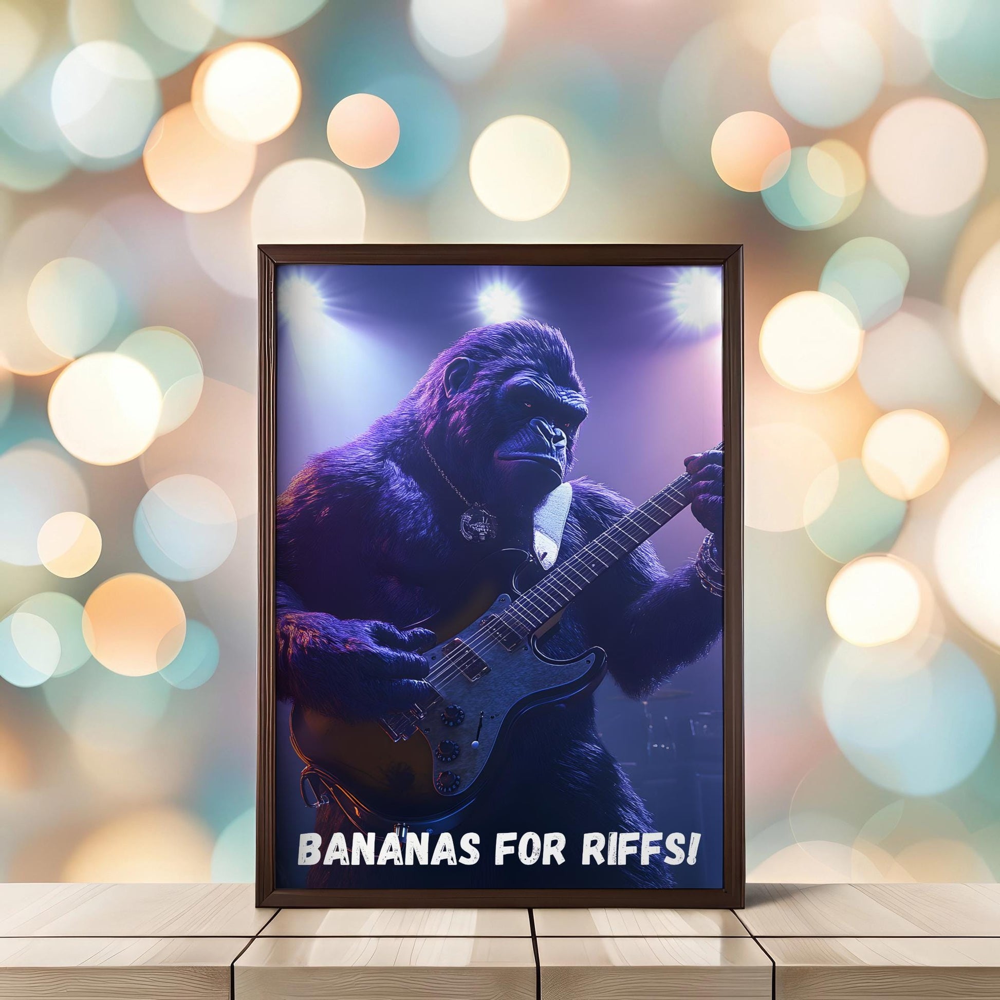 Gitar çalan goril illüstrasyonu – müzik temalı dijital poster, eğlenceli duvar dekorasyonu