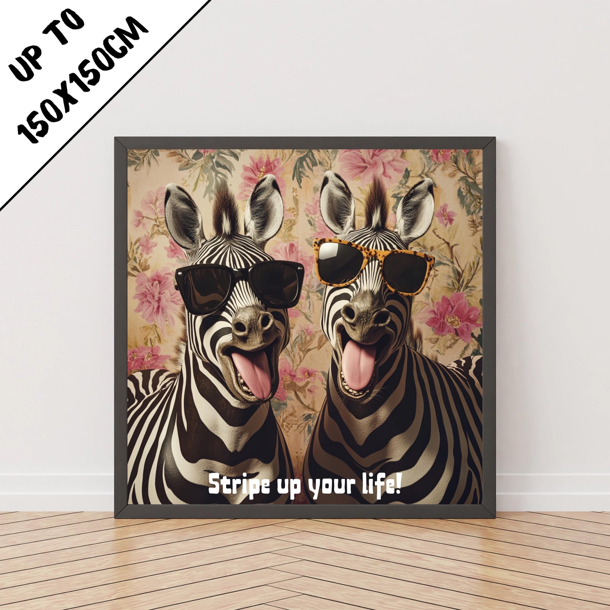 Güneş gözlüklü iki zebra ile renkli dijital duvar posteri – çocuk odası ve modern dekor için ideal