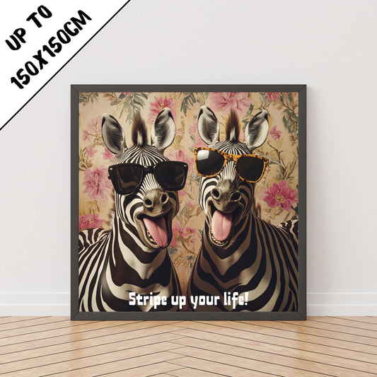 Güneş gözlüklü iki zebra ile renkli dijital duvar posteri – çocuk odası ve modern dekor için ideal